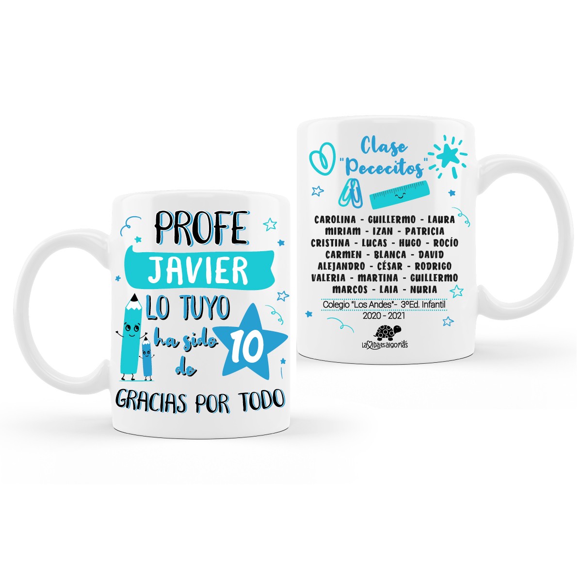 Taza Personalizada con Nombres de Alumnos Azul/Mint La Vida Es