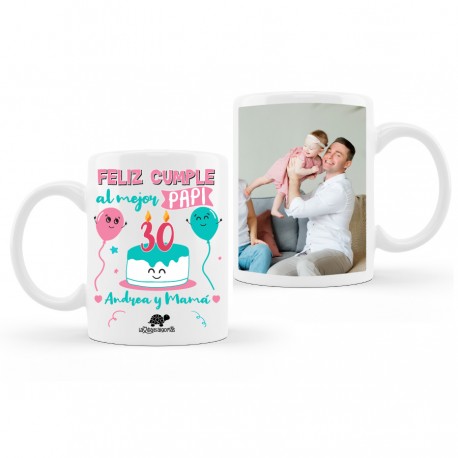TAZA PERSONALIZADA FELIZ CUMPLE PAPI NOMBRES + EDAD + FOTO - ROSA/MINT 