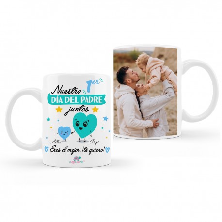 TAZA PERSONALIZADA "NUESTRO PRIMER DÍA DEL PADRE JUNTOS" CON FOTO Y NOMBRES - CORAZONES AZUL/MINT