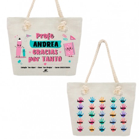 BOLSO PERSONALIZADO PROFESOR TIPO SHOPPER / PLAYA CON HUELLAS DE LAS MANOS DE LOS ALUMNOS  - DOS CARAS