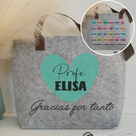 BOLSO PERSONALIZADO PROFESORA DOS CARAS ASAS LARGA CON NOMBRES ALUMNOS HUELLAS - GRIS
