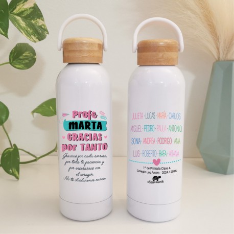 BOTELLA TÉRMICA GRACIAS PROFE NOMBRES ALUMNOS  COLOR + DEDICATORIA 500ml PERSONALIZABLE - BAMBÚ - ROSA