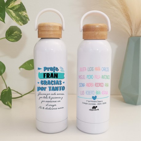 BOTELLA TÉRMICA GRACIAS PROFE NOMBRES ALUMNOS  COLOR + DEDICATORIA 500ml PERSONALIZABLE - BAMBÚ - AZUL