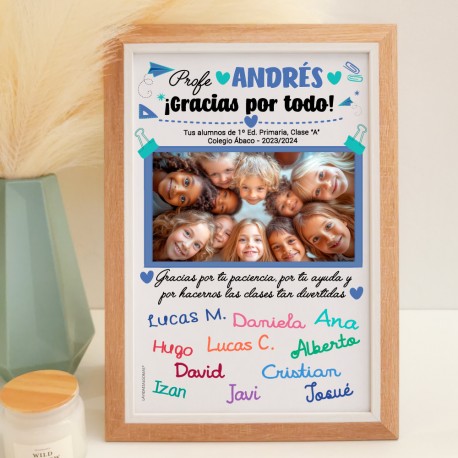 LÁMINA PERSONALIZADA PROFESOR FOTO Y NOMBRES TIPOGRÁFICOS ALUMNOS + MARCO MADERA NATURAL