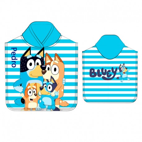 PONCHO TOALLA INFANTIL PERSONALIZABLE MICROFIBRA BLUEY - RAYAS FAMILIA (110 X 55 CM)