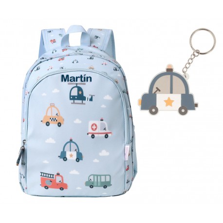MOCHILA INFANTIL MEDIANA  PERSONALIZABLE TUTETE - CITY CARS + LLAVERO PERSONALIZABLE