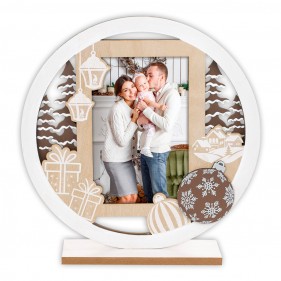MARCO FOTOS NAVIDAD PERSONALIZADO CIRCULAR CON FOTO REGALOS & BOLAS - BLANCO