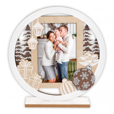 MARCO FOTOS NAVIDAD PERSONALIZADO CIRCULAR CON FOTO REGALOS & BOLAS - BLANCO