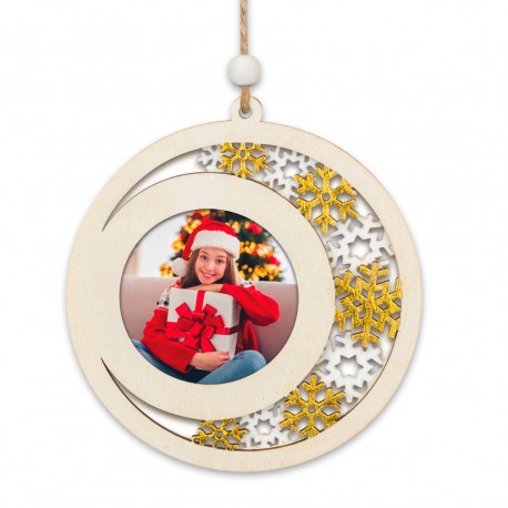 ADORNO COLGANTE NAVIDAD DE MADERA PERSONALIZABLE BOLA COPOS - NATURAL