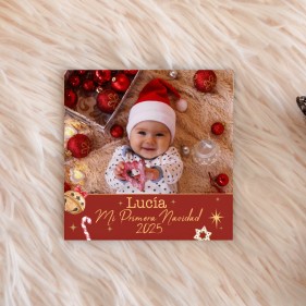 IMÁN MADERA PERSONALIZABLE CON FOTO NAVIDAD 10 X 10 CM - MI PRIMERA NAVIDAD
