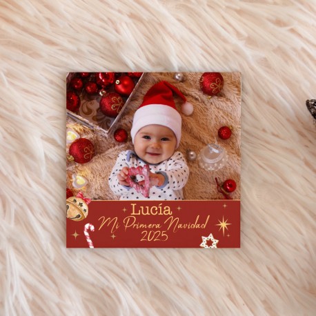 IMÁN MADERA PERSONALIZABLE CON FOTO NAVIDAD 10 X 10 CM - MI PRIMERA NAVIDAD