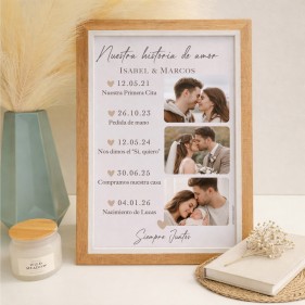 LÁMINA PERSONALIZADA PAREJAS SAN VALENTIN "NUESTRA HISTORIA" + 3 FOTOS + MARCO