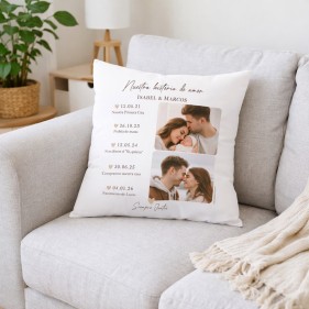 COJÍN PERSONALIZADO PAREJAS SAN VALENTIN "NUESTRA HISTORIA DE AMOR" + 3 FOTOS 