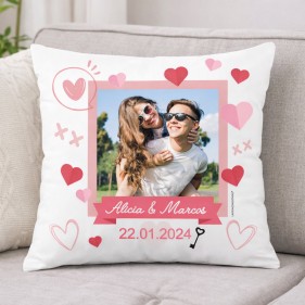 COJÍN PERSONALIZADO PAREJAS FOTO,NOMBRES Y FECHA "CORAZONES"