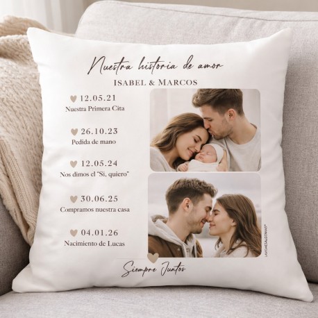 COJÍN PERSONALIZADO PAREJAS SAN VALENTIN "NUESTRA HISTORIA DE AMOR" + 3 FOTOS 