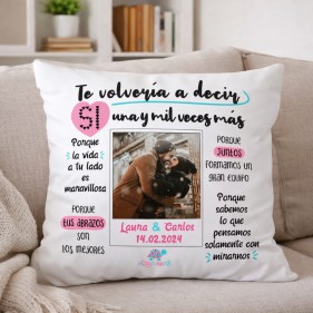 COJÍN PERSONALIZADO PAREJAS "TE VOLVERÍA A DECIR SÍ" CON FOTO Y NOMBRES