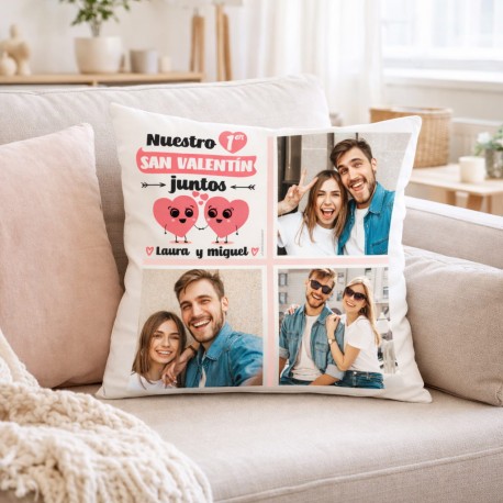 COJÍN PERSONALIZADO PAREJAS "NUESTRO PRIMER SAN VALENTÍN JUNTOS" CON 3 FOTOS Y NOMBRES