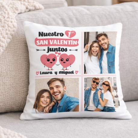 COJÍN PERSONALIZADO PAREJAS "NUESTRO PRIMER SAN VALENTÍN JUNTOS" CON 3 FOTOS Y NOMBRES