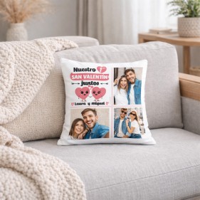 COJÍN PERSONALIZADO PAREJAS "NUESTRO PRIMER SAN VALENTÍN JUNTOS" CON 3 FOTOS Y NOMBRES