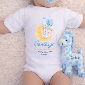 BODY PERSONALIZADO DATOS NACIMIENTO ELEFANTE "MI PRIMER BODY" M/C - NAVY + CAJA REGALO