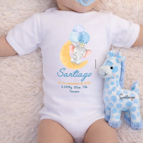 BODY PERSONALIZADO DATOS NACIMIENTO ELEFANTE "MI PRIMER BODY" M/C - NAVY + CAJA REGALO