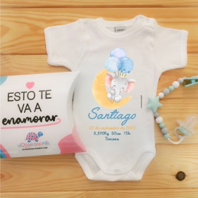 BODY PERSONALIZADO DATOS NACIMIENTO ELEFANTE "MI PRIMER BODY" M/C - NAVY + CAJA REGALO