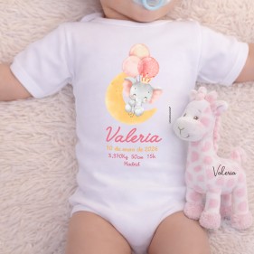 BODY PERSONALIZADO DATOS NACIMIENTO ELEFANTE "MI PRIMER BODY" M/C - BLUSH + CAJA REGALO