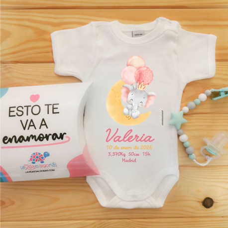 BODY PERSONALIZADO DATOS NACIMIENTO ELEFANTE "MI PRIMER BODY" M/C - BLUSH + CAJA REGALO