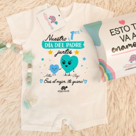PIJAMA PERSONALIZADO "NUESTRO PRIMER DÍA DEL PADRE JUNTOS" M/L - CORAZONES AZUL/MINT + CAJA REGALO