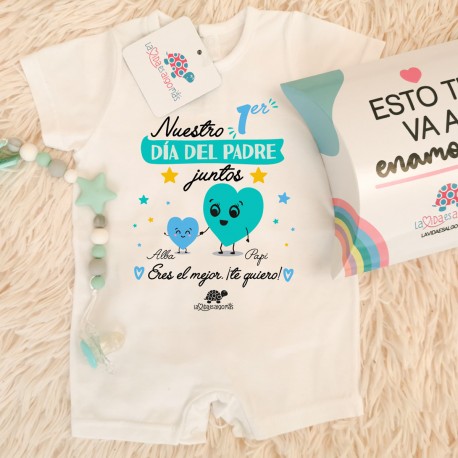 PIJAMA PERSONALIZADO "NUESTRO PRIMER DÍA DEL PADRE JUNTOS" M/L - CORAZONES AZUL/MINT + CAJA REGALO