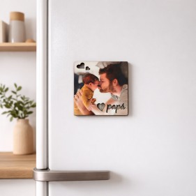 IMÁN MADERA PERSONALIZABLE CON FOTO 10 X 10 CM - PAPÁ CORAZONES